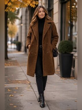 Carole‎ Wren Teddy Coat Brown Sherpa Long Coat Women's XL Double Breasted